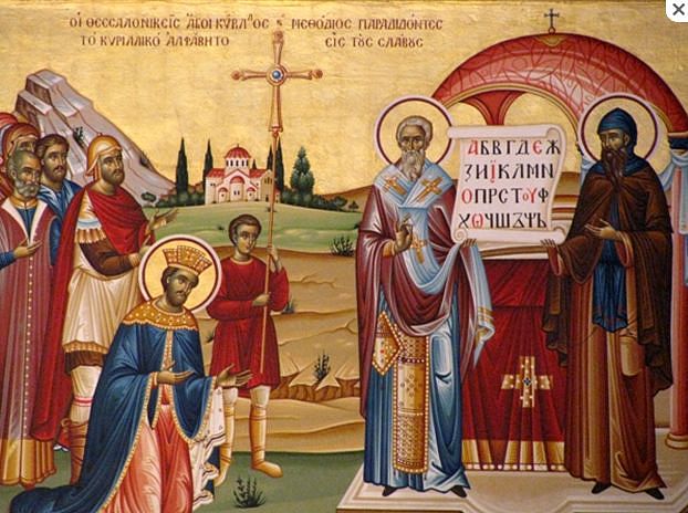 Příchod sv. Cyrila a Metoděje na Moravu. Vítá je sv. Rostislav.